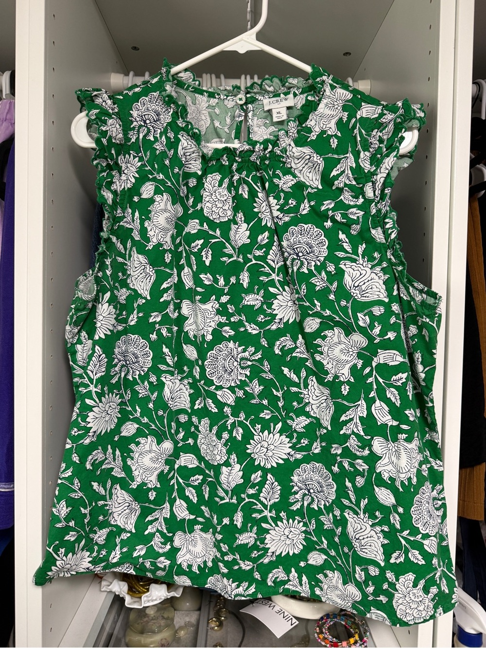 J. Crew Green and White Floral Ruffled Neck Blouse